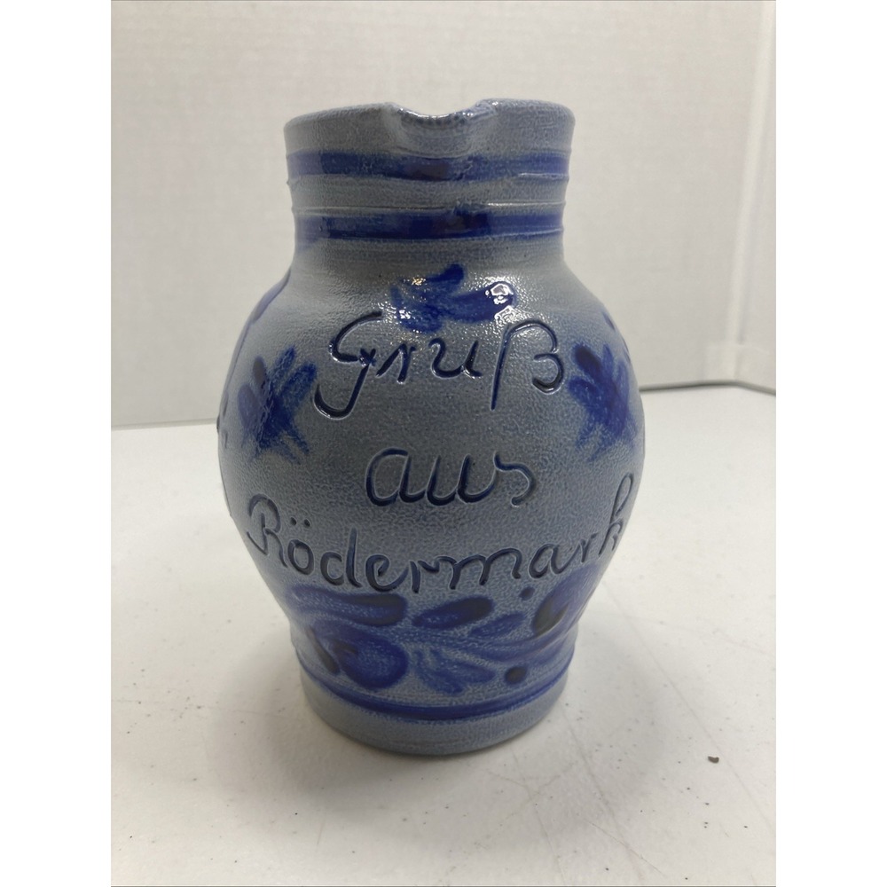 Vintage German Salt Glaze Pitcher Handle Blue Stripe 1/2 L  5.75" - Picture 2 of 14